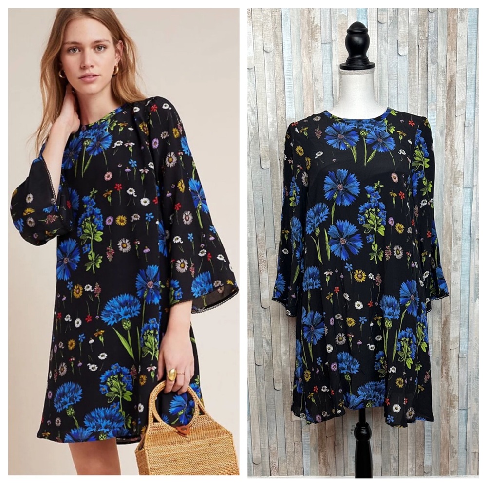 Anthropologie XS Maeve Floral Print Lucinda Silk‎ Tunic Dress Bell Sleeve $228